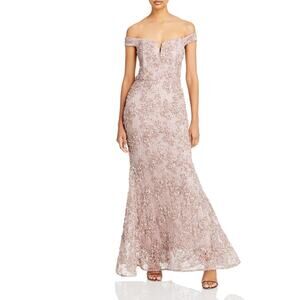 Aqua Soutache Off The Shoulder Evening Floral Sequin Applique Dress Taupe NWT 6